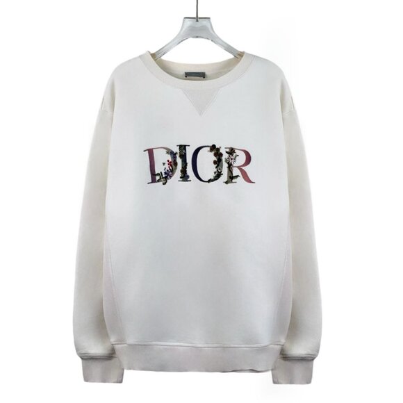 Dior White Floral Embroidered Logo Cotton Sweatshirt XL Round-Neck Long-Sleeve M - Picture 1 of 8
